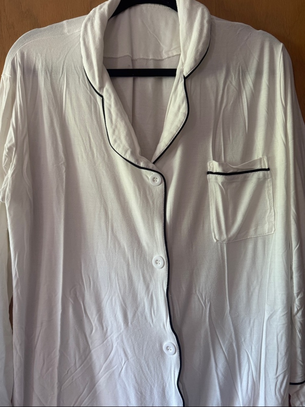 Classic White Button-Front Sleep Shirt Dress with Black Piping - Picture 2 of 3